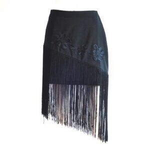 Cache 1990's Fringed Mini Skirt With Black Floral Embroidery On Front